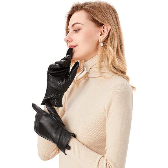 🆕Women Grey Leather Sheepskin Gloves, Winter Warm Touchscreen Cashmere - Picture 8 of 9